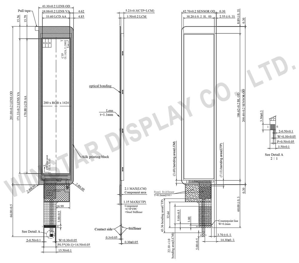 7 inch 280x1424 Bar Type,IPS TFT-LCD Display with PCAP 